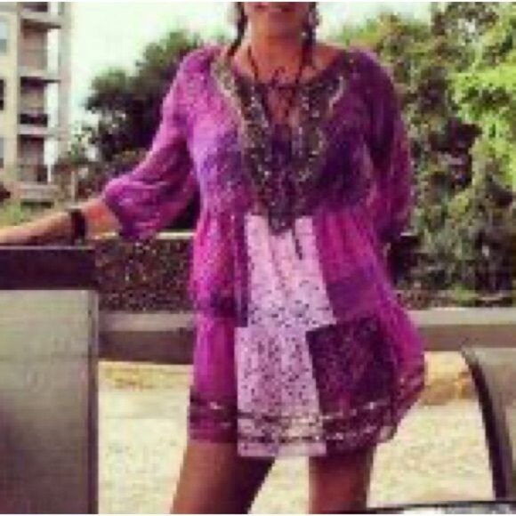 VTG Free People Purple Patchwork Chiffon Top | Boho Grunge Fairy Whimsigoth Y2K - Picture 15 of 16